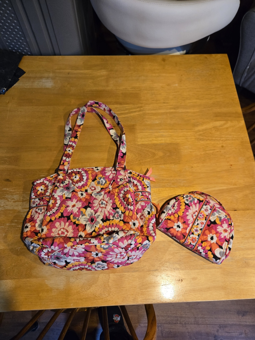 Vera Bradley Pink Orange Floral Quilted Tote with Cosmetic Pouch